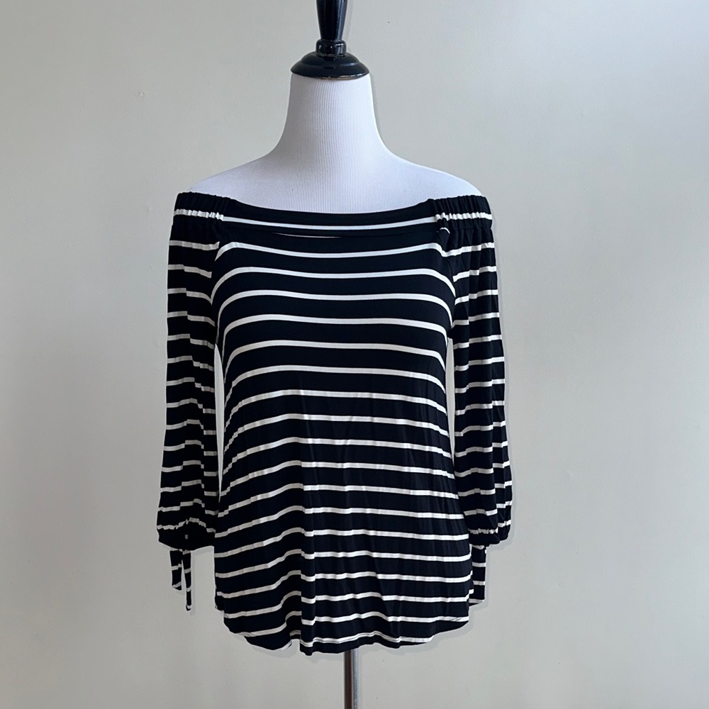 Cable & Gauge Off-Shoulder Black and White Striped Blouse